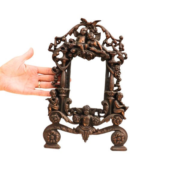 Antique Ornate Metal Picture Easel Frame Cherubs Decoration C 1910, Baroque Ornate Old Photo Frame