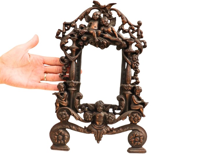 Antique Cherub Picture Frame: Ornate Copper-Plated Cast Iron Easel, C 1910