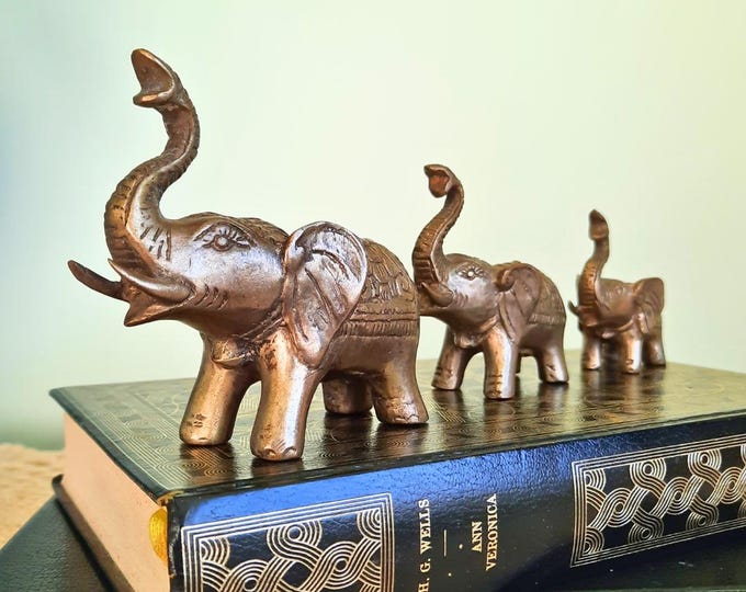 3 Small Vintage Indian Elephants Family Trunks Up Good Luck Made Of Alpaca Silver