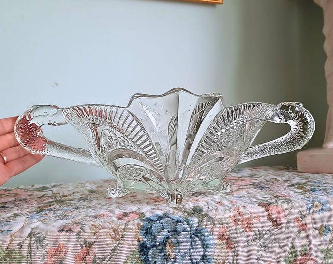 Large Art Deco Brockwitz Fruit Bowl Centrepiece With Dolphin Handles 1930's German Pressed Glass