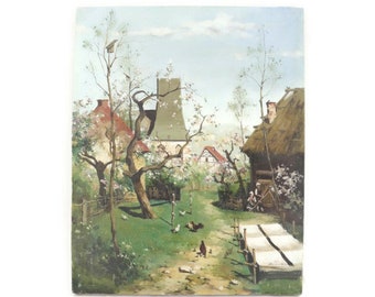 Mid Century Hungarian Village Oil Painting on Canvas H 19.7'' Dawidzuk M