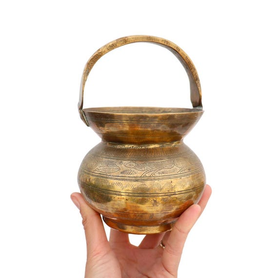 Small Vintage Handcrafted and Engraved Animals Kamandal Brass Holy Water Pot with Handle Indian Hindu.