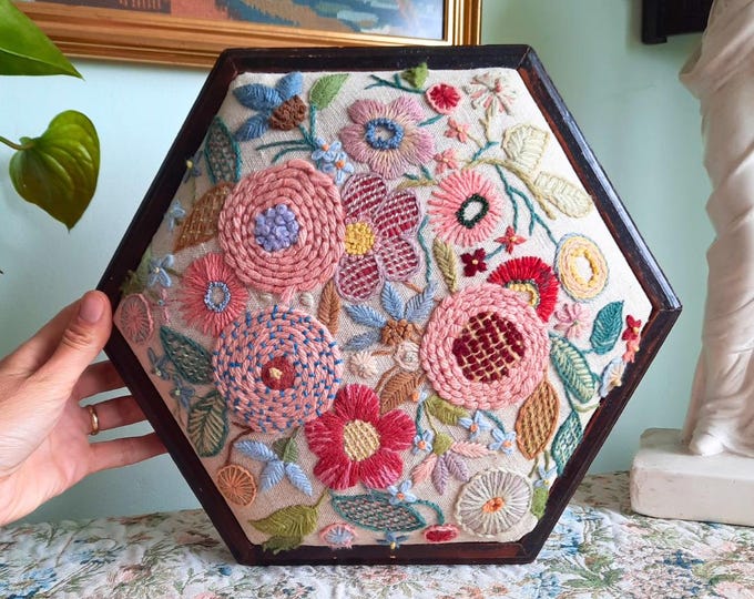 Vintage Hexagonal Floral Handcrafted Embroidered Footstool , Cottage Core Decor