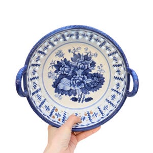Vintage Thai Ceramic Basket Bowl: Blue Floral Hand-Painted Decor