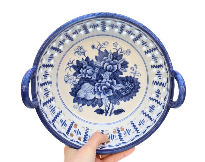 Vintage Thai Ceramic Basket Bowl: Blue Floral Hand-Painted Decor