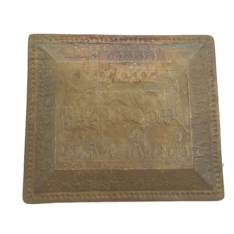 Antique Indian Embossed Brass Wall Plaque with Festival Scenes and