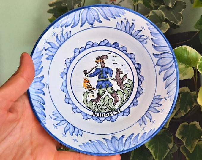 Vintage Hand Painted Hungarian Small Wall Plate/ Bowl With Medieval Style Decoration 6.2'' Diameter