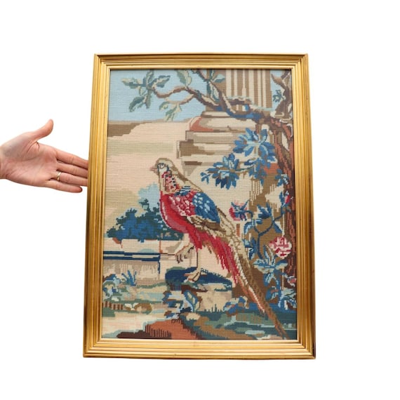 Vintage Wooden Golden Frame Needle Point Of A Golden Pheasant and Column After A Work By Thomas Moore 23.2'' Tall