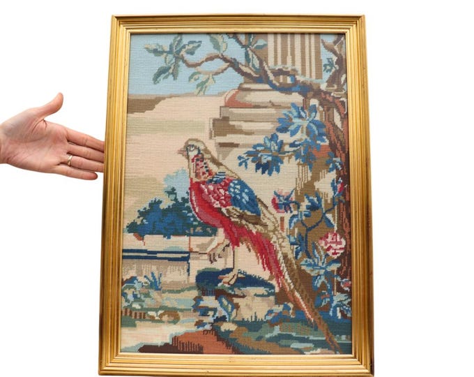 Vintage Golden Pheasant Needlepoint in Wooden Frame: Thomas Moore Style