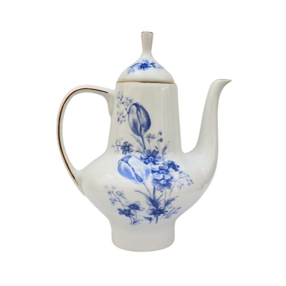 Retro Wloclawek Porcelain Tea Pot with Floral Decoration Made In Poland, Blue and White Tea pot