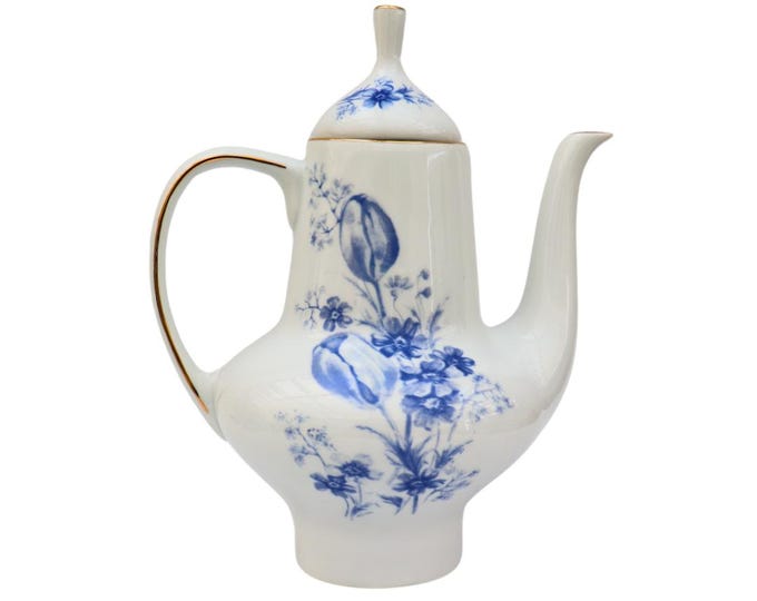 Retro Wloclawek Porcelain Tea Pot: Blue Floral Decor, Made in Poland