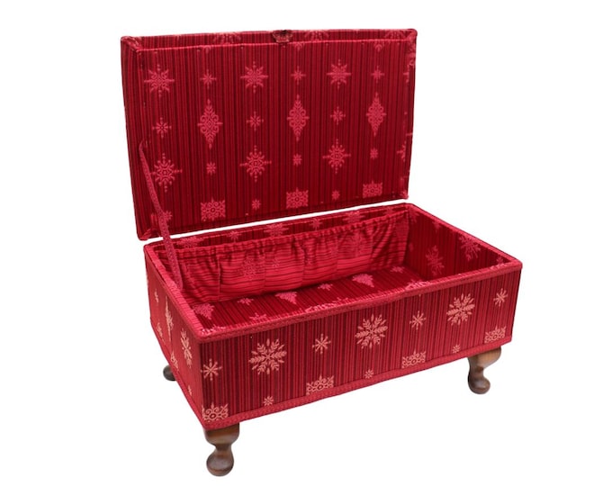 Large Mid Century Red Fabric Sewing Box: Sherborne Stool with Cabriole Legs
