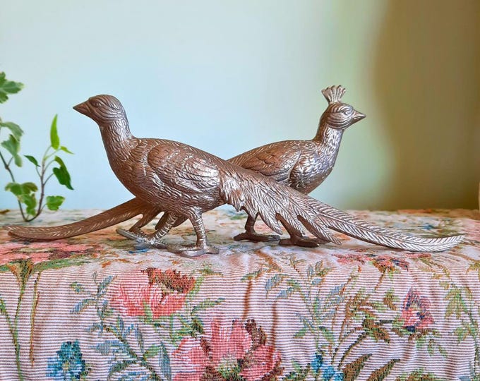 Mid-Century Italian Silver Tone Pheasants Figures Pair C 1960's.