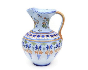 Large Spanish Talavera Hand Painted Stoneware Pitcher Jug With Floral decoration , Studio Pottery Vase.