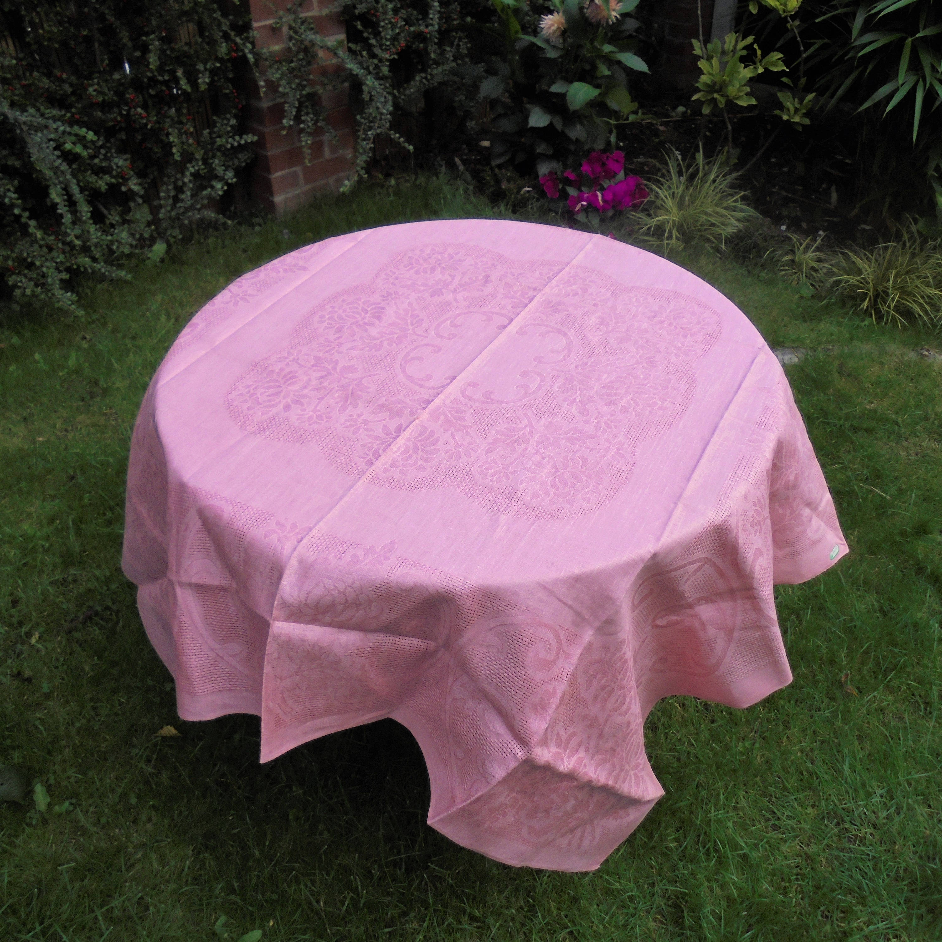Vintage Pink Damask Irish Linen Tablecloth Unused 50'' by 50'' /Square
