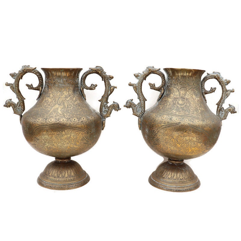 Large Antique Indian Hand Engraved Brass Urn Vases With Dragon Handles