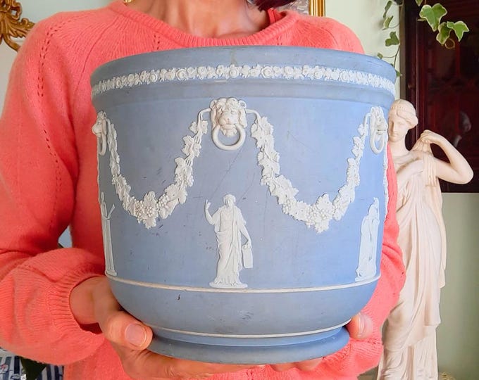 Large Antique Pottery Jasperware Planter With Neoclassical Scene Made In C 1860's 1880's.