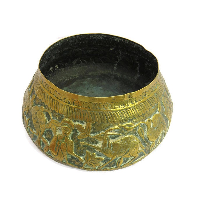Antique Middle Eastern Hand Etched Brass Cachepot Bowl Jardiniere