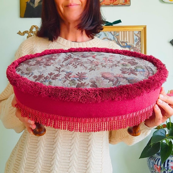 Vintage Sherborne Red Oval Padded Tapestry Footstool With Tassels Cottage Core