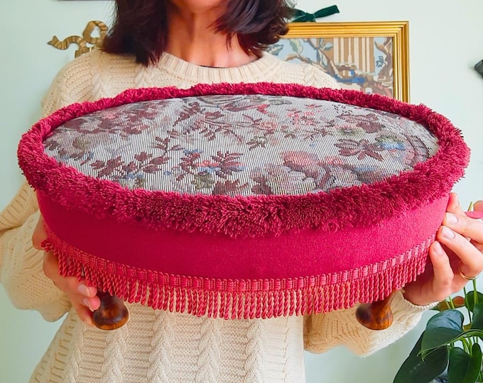 Vintage Sherborne Red Oval Padded Tapestry Footstool With Tassels Cottage Core