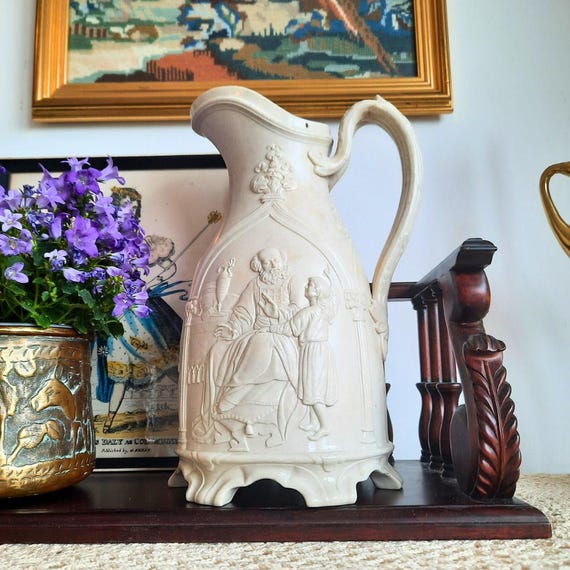 Antique Decorative Victorian Relief Salt Glaze Stoneware Pitcher Jug With Biblical Scenes Decoration By T & R Boote C 1848