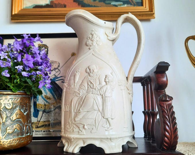 Antique T & R Boote Stoneware Pitcher: Victorian Biblical Relief Jug, C 1848