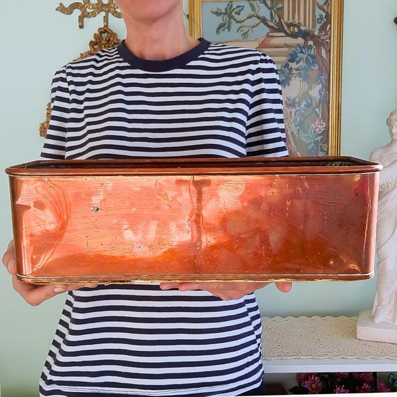 Large Vintage Rectangular Windowsill Copper Planter Cachepot 17'' Long