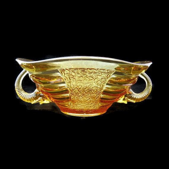 Sowerby glass Art Deco Elephant Handle Amber Glass Bowl  Centrepiece Pattern Elephant No 2614. Larger version.
