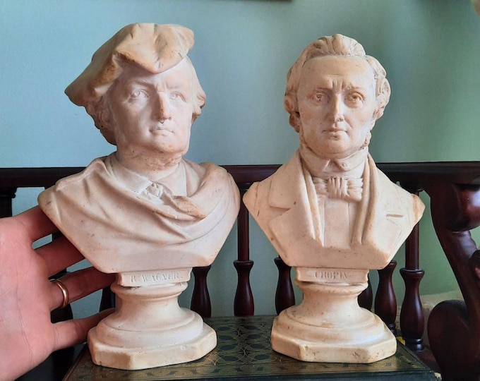 Truly Antique Plaster Composite Busts Of Wagner and Chopin Academia Decor Pair