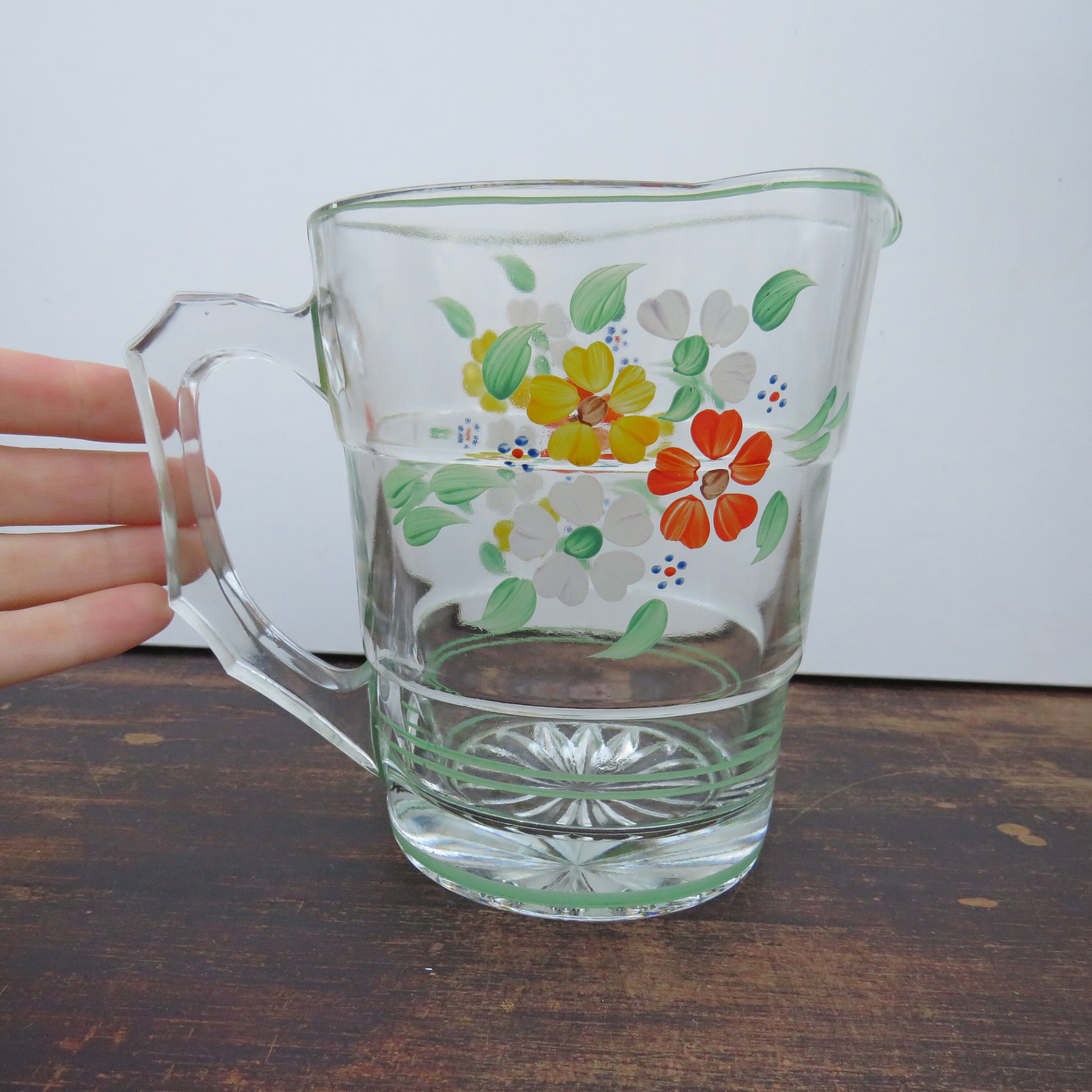 Vintage 1950's Hand Painted Glass Pitcher Jug .Floral Retro Water Jug