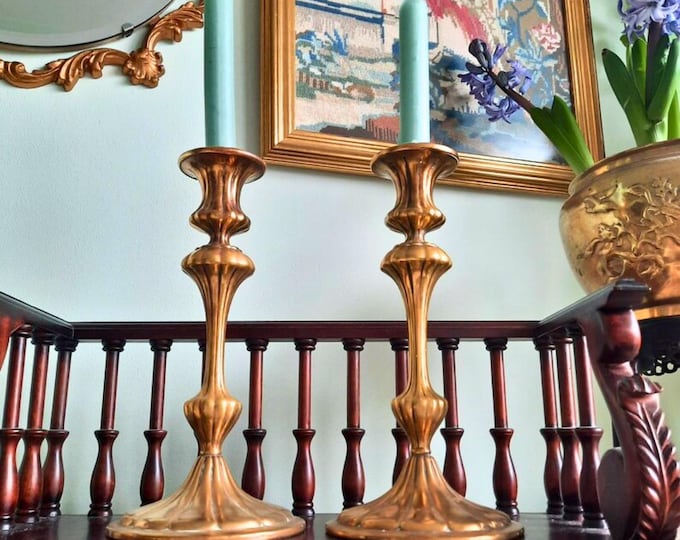 Antique Continental Brass Candlesticks Holders Pair H 9.7'', Dark Academia Decor