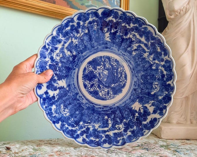 Meiji Period Japan Arita Imari Karako Flow Blue White Ceramic Decorative Plate Late 1800s