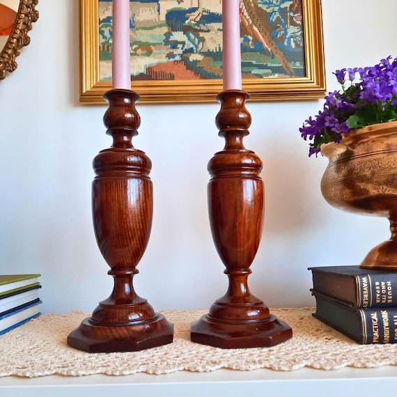 Antique Large and Chunky Wooden Candleholders H 11.2', Tall Vintage Wooden Candlestick Holders, Large Rustic Candleholders