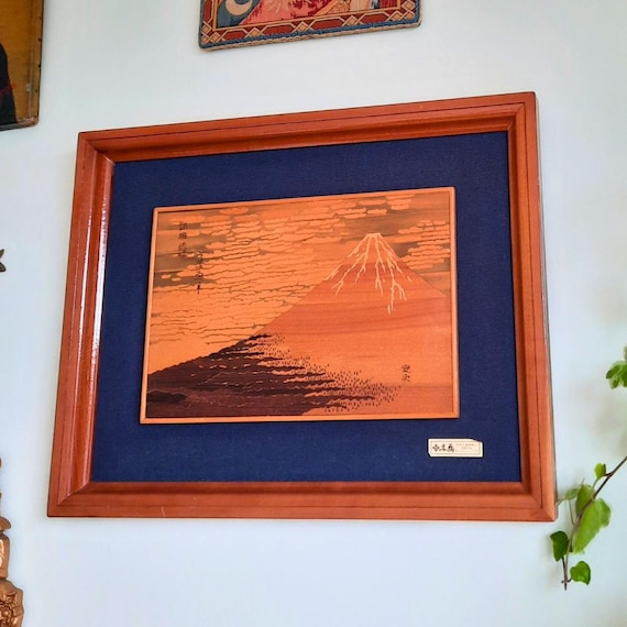 Mid Century Japanese HAKONE MOKUZOGAN Mt. FUJI Wood Inlay Art