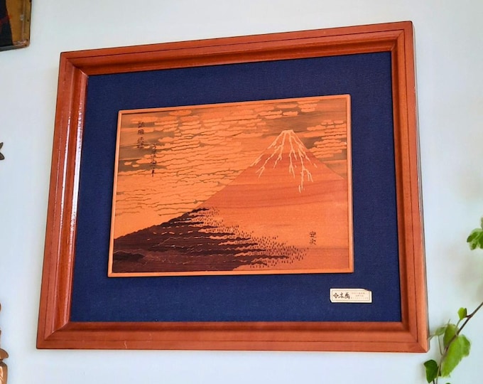 Mid Century Japanese HAKONE MOKUZOGAN Mt. FUJI Wood Inlay Art After Red Fuji By Katsushika Hokusai