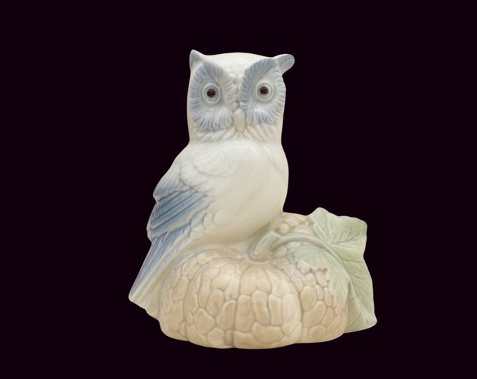 Spanish Porcelain Owl on Pumpkin Figure by Miguel Requena, Vintage Halloween decor, Autumn decor
