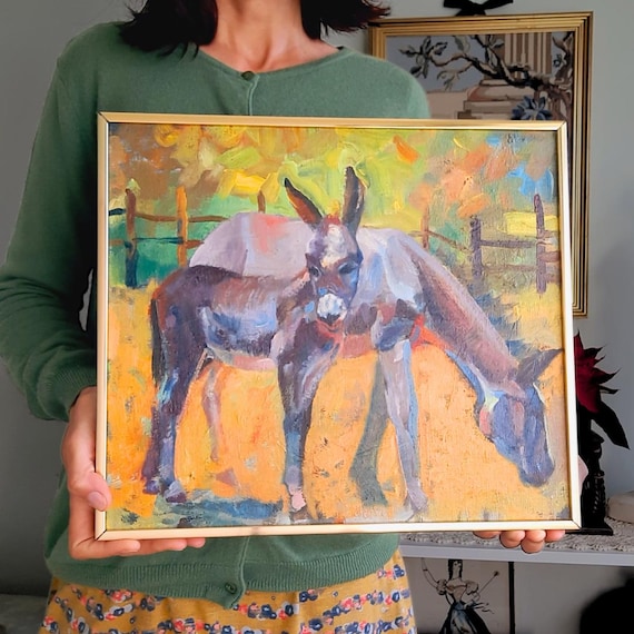 Vintage Impressionist Impasto Oil Painting Of Two Donkeys Grazing Framed By William Wright