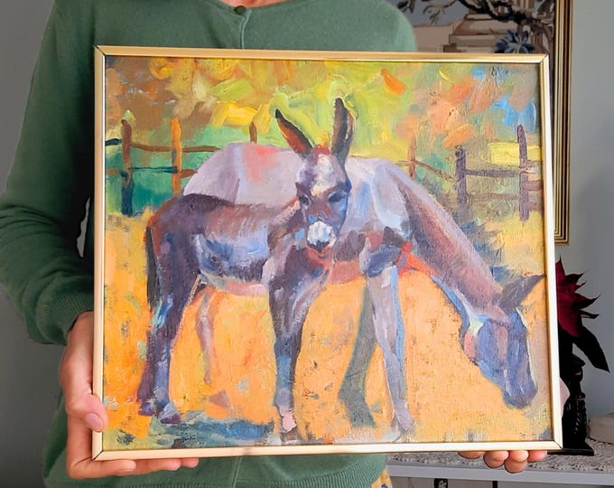 Vintage Impressionist Impasto Oil Painting Of Two Donkeys Grazing Framed By William Wright
