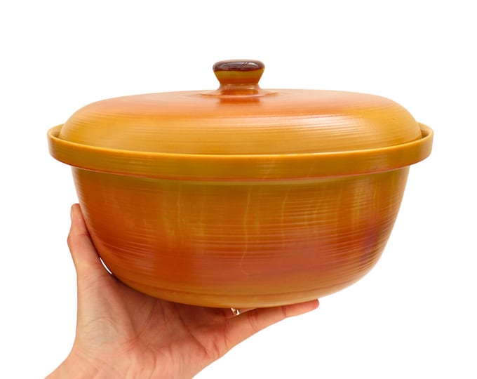 Mid Century Arcopal Volcano Casserole: French Opaline Glass Lidded Dish