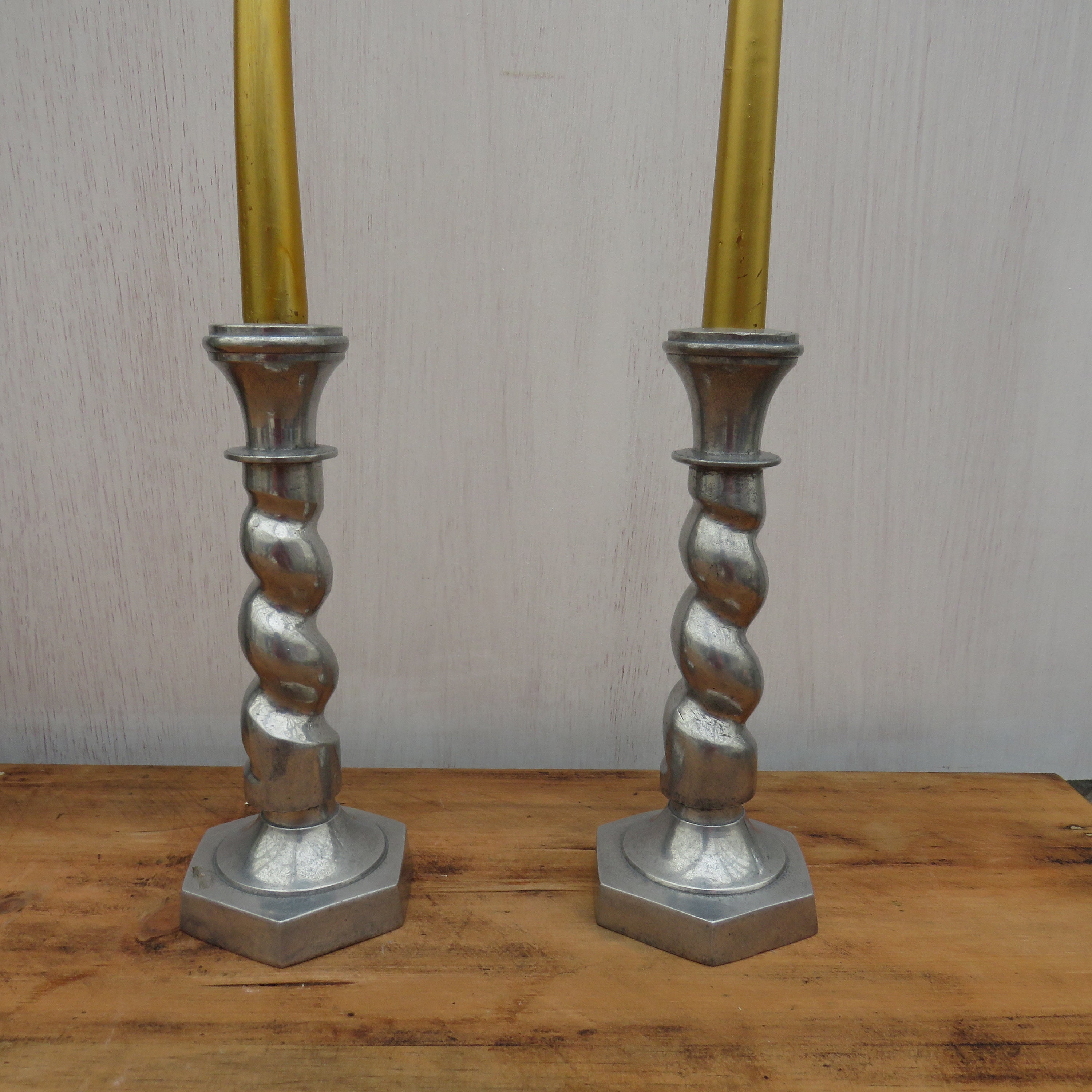 Vintage Aluminium Barley Twisted Candle Holders Hexagonal Base H 22 cm.