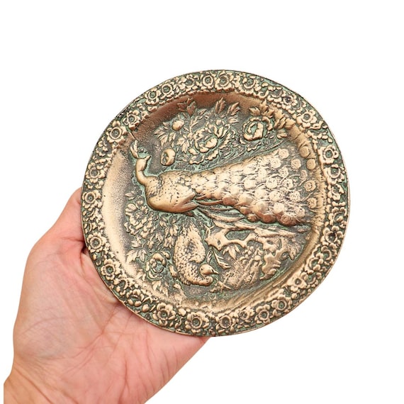 Small Solid Brass Tray with Peacock and Chick Decoration, Unique Business Card Tray, Small Floral Tray