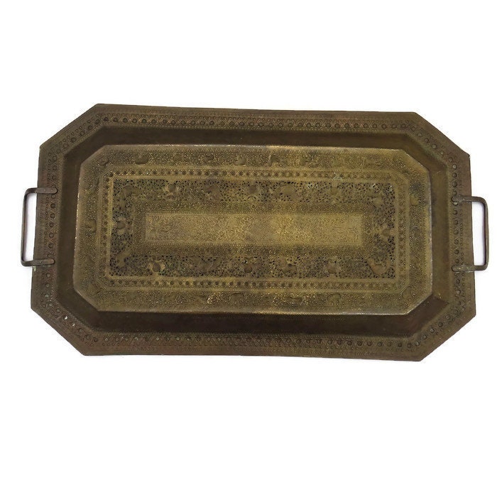 Large Indian Embossed Brass Decorative Tray Finely Embossed L 67 cm