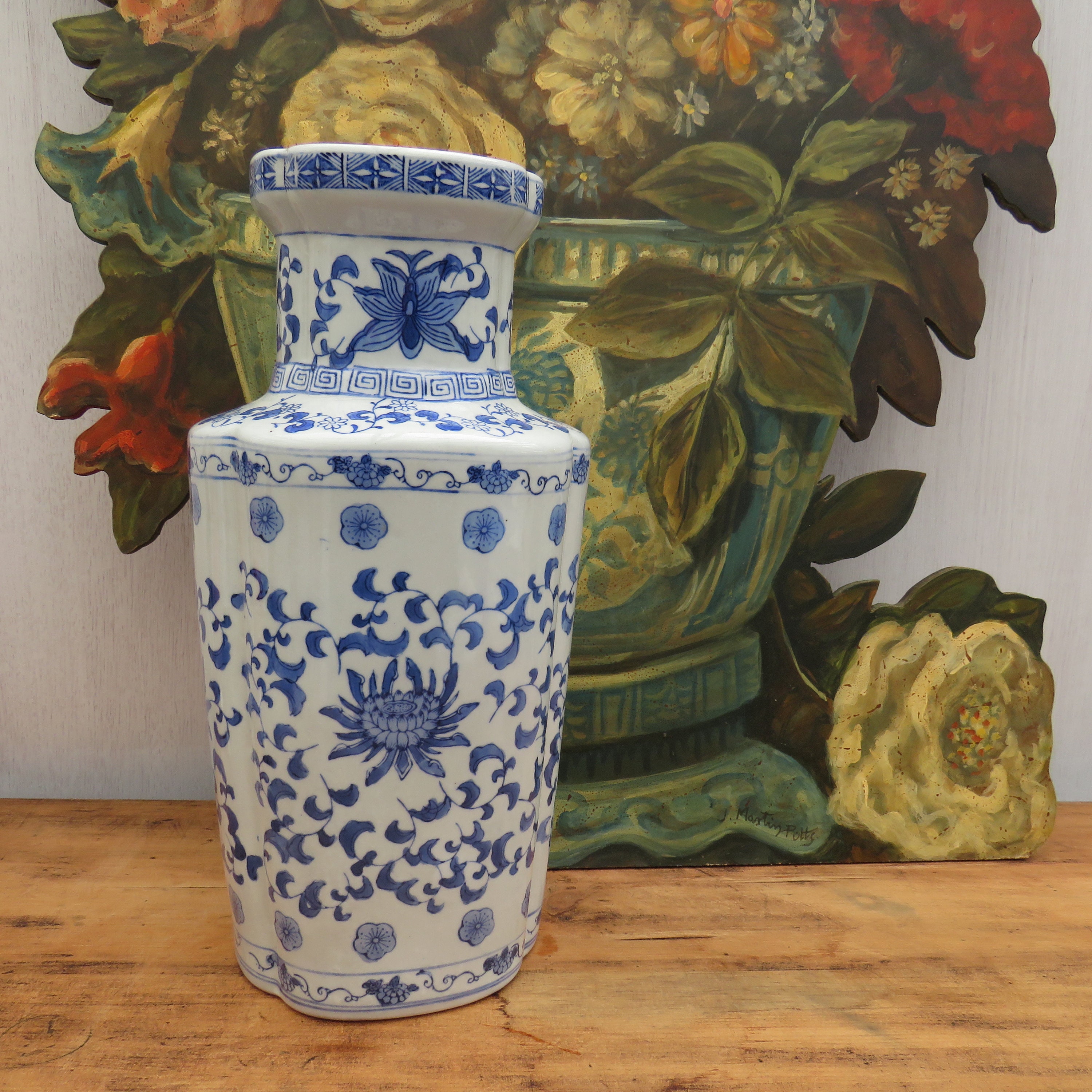 Large Chinese Ceramic Blue And White Vase With Lotus Floral Decoration