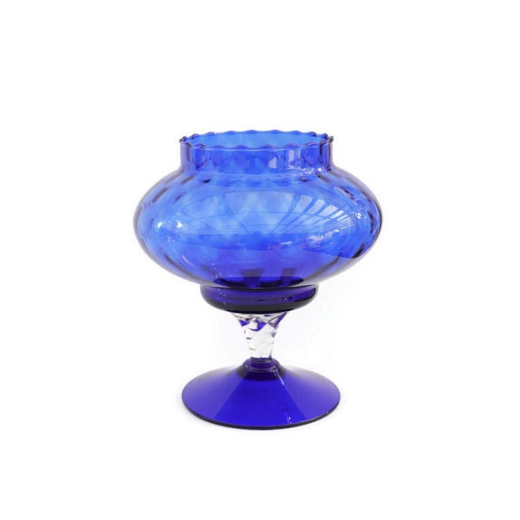 Mid Century Italian Blue Empoli Glass Footed Vase Bowl 7.7