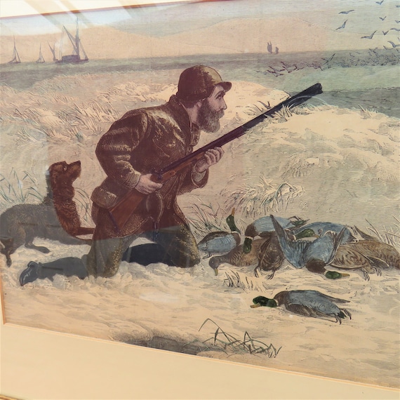 Antique Wooden Framed ''Wild Duck Shooting'' Hand Coloured Engraving Published in the Illustrated London News, 25 February 1882.