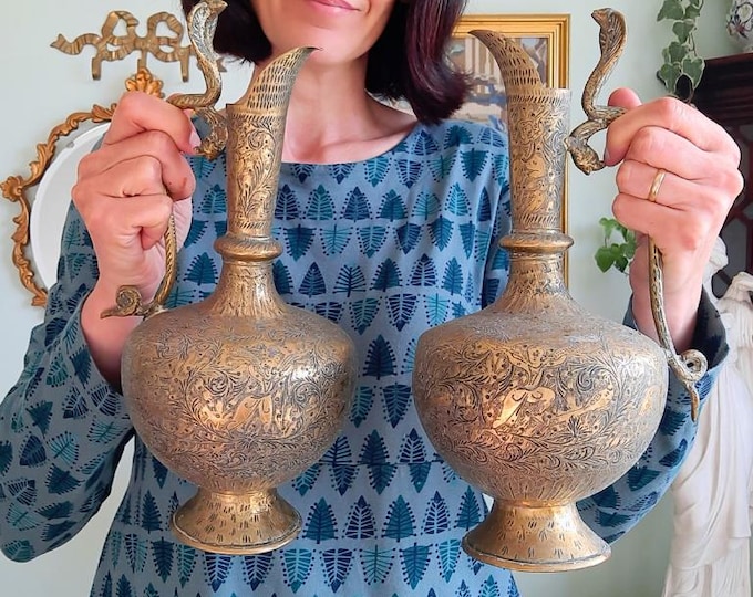 Large Pair Of Antique Indian Brass Vases With Cobra Handles And Hand-Engraved Decoration