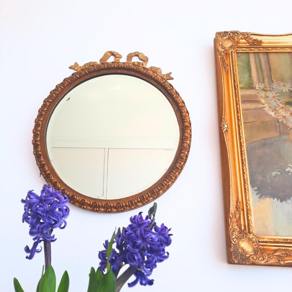 Midcentury Giltwood Ornate Round Bevelled Edge Wall Mirror D 13.2