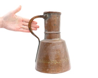 Antique Large French Primitive Hammered Copper Water Jug, 12'' High Antique French Farmhouse Vase Jug.