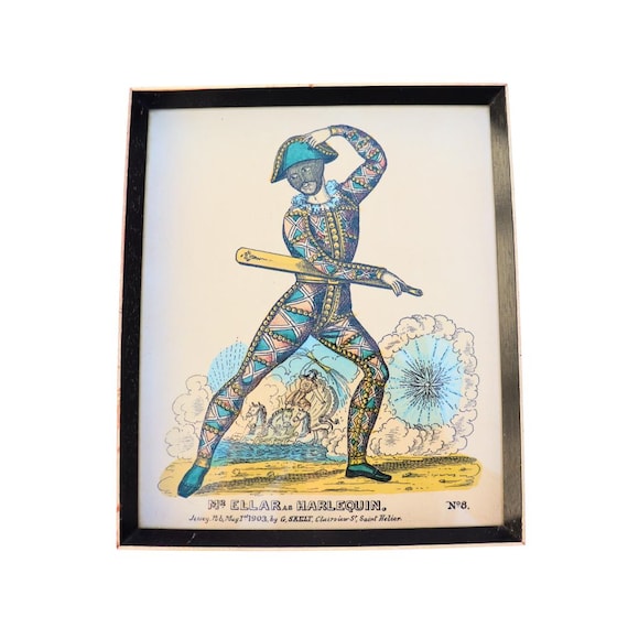 Antique Framed Hand-Coloured Engraving Of Mr Ellar as Harlequin By G Skelt N 8 Commedia Del'Arte 1903 Drawn, Published 1950's
