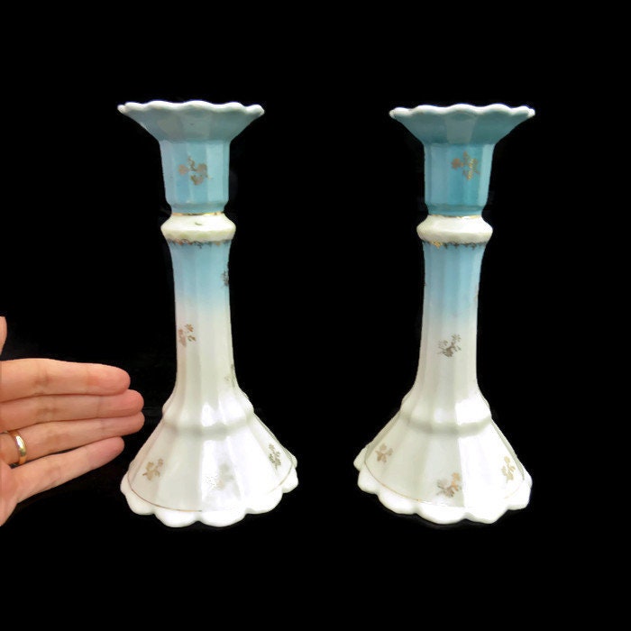 Antique Blue and White Ceramic Candle Holders .Victorian Porcelain